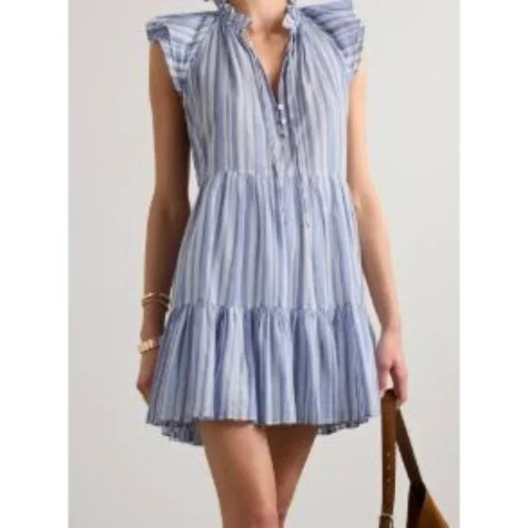 Trendy Easter Spring Veronica Beard Zee Blue White Striped Dress Tiered Ruffle S - Picture 2 of 16
